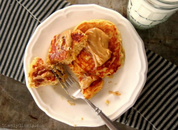 Peanut Butter Buttermilk Pancakes by SimplyGloria.com  Super moist and fluffy!
