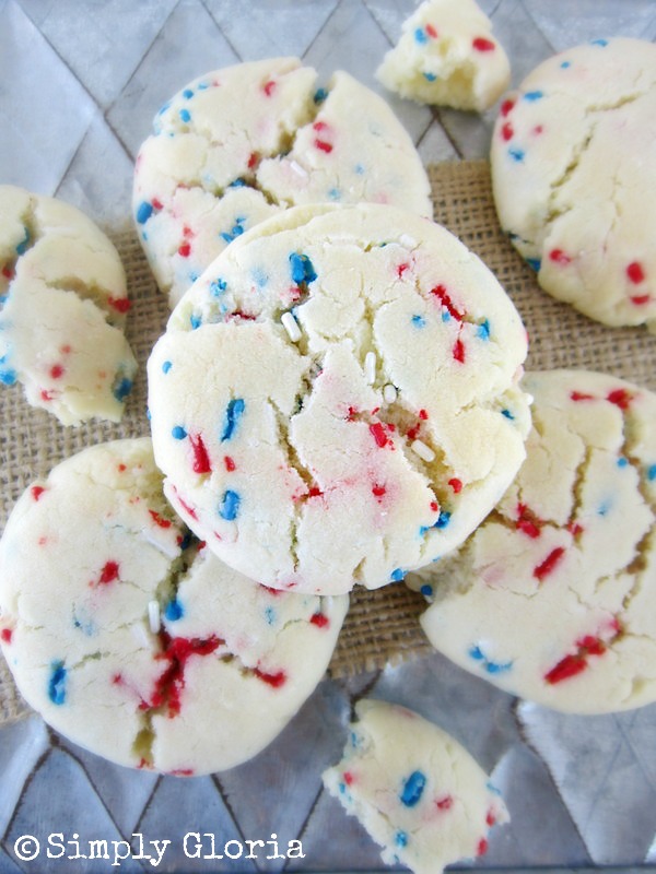 July 4th Sprinkle Cookies - SimplyGloria.com Made with a cake mix!