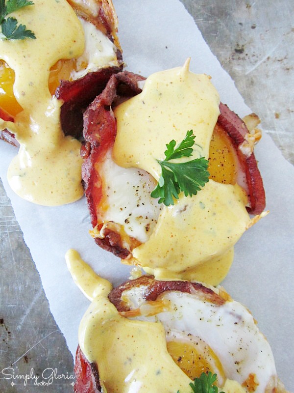 Baked Eggs Napoleon With Hollandaise Sauce by SimplyGloria.com #bacon