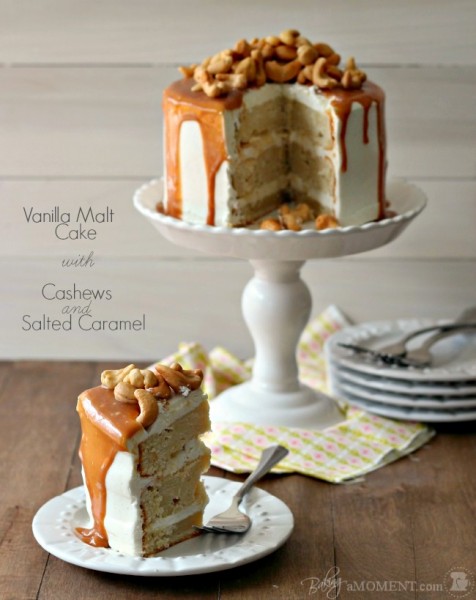 Vanilla Malt Layer Cake with Cashews and Salted Caramel
