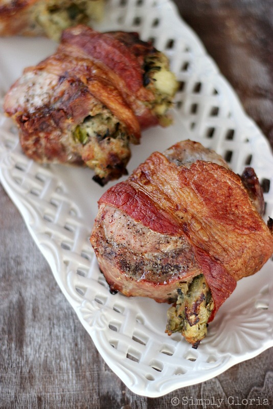 Bacon Wrapped Stuffed Pork Chops from SimplyGloria.com #pork #bacon