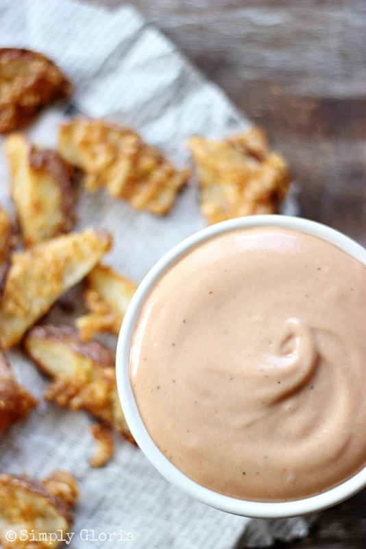 Crispy Cheddar Baked Fries with BBQ dipping sauce from SimplyGloria.com