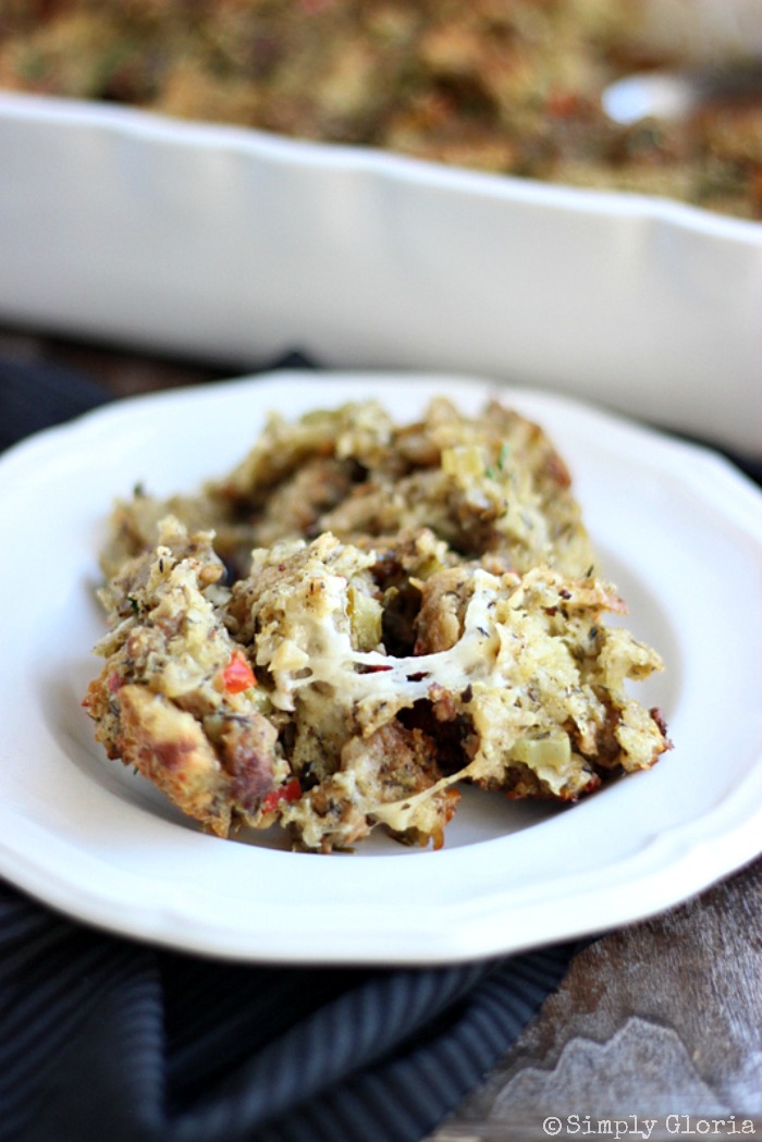 Sourdough Bread Stuffing with Italian Sausage from SimplyGloria.com #dressing #stuffing #cheese